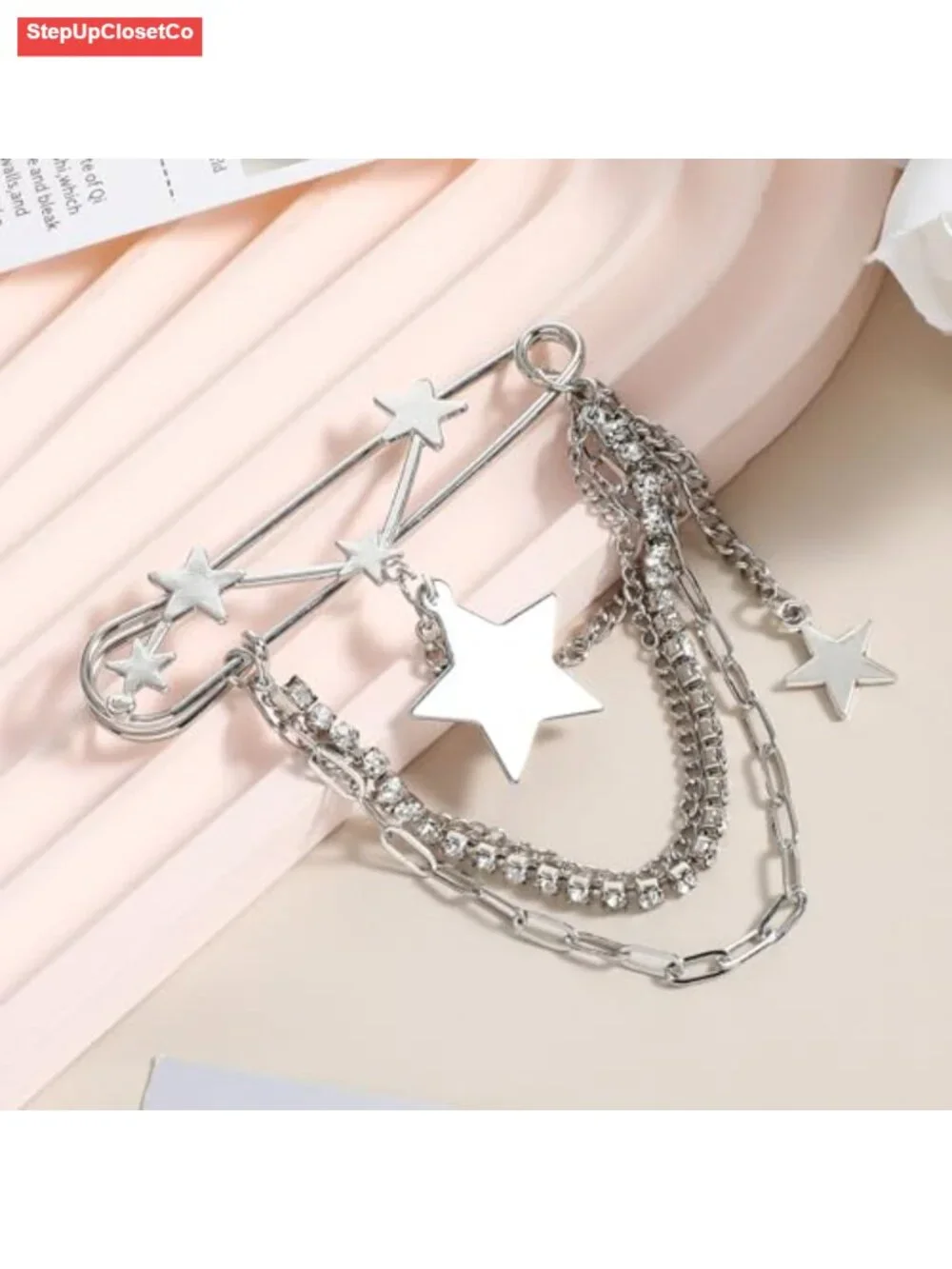 Silver Star Tassel Chain Brooch Pin for Women Punk Style Collar Brooch